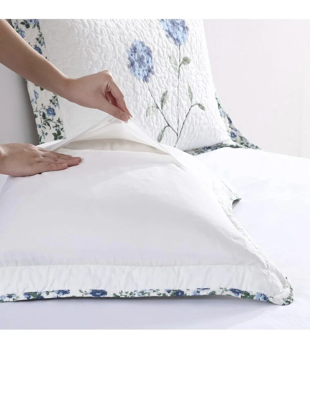 Carnation Standard Sham Bedspread, Lightweight Quilted Embroidered, Blue